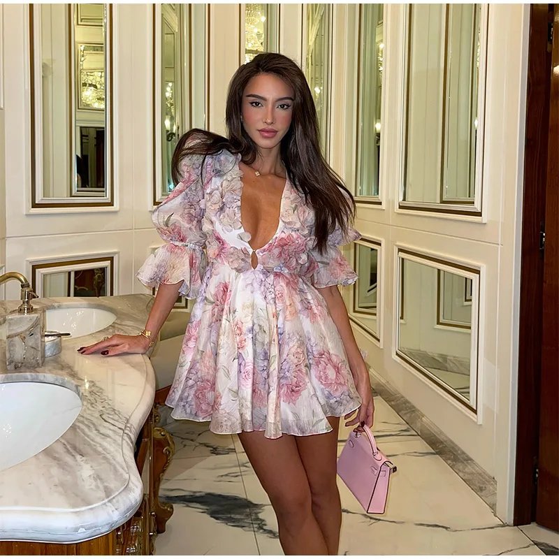 Sexy Flare Sleeve V Neck Printed Mini Dress Fashion Pleated A-line High Waist Gown New Lady Summer Evening Party Club Vestidos