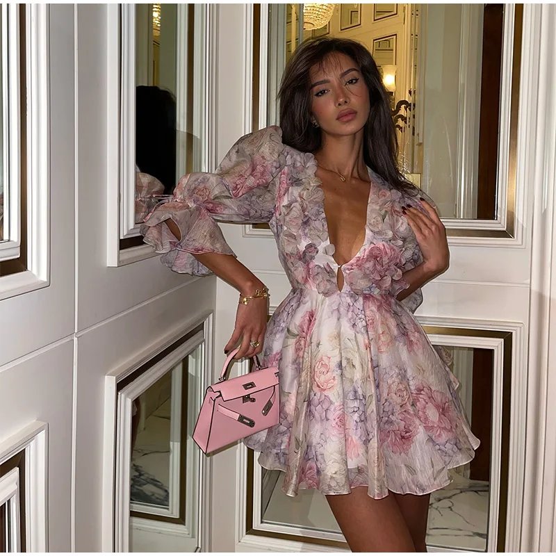 Sexy Flare Sleeve V Neck Printed Mini Dress Fashion Pleated A-line High Waist Gown New Lady Summer Evening Party Club Vestidos