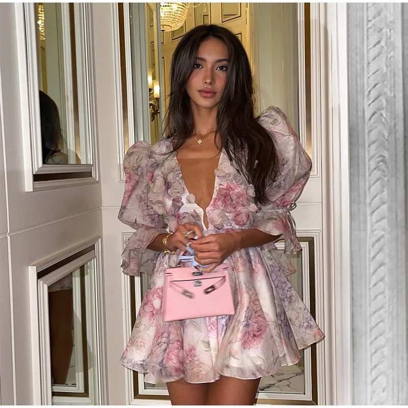 Sexy Flare Sleeve V Neck Printed Mini Dress Fashion Pleated A-line High Waist Gown New Lady Summer Evening Party Club Vestidos