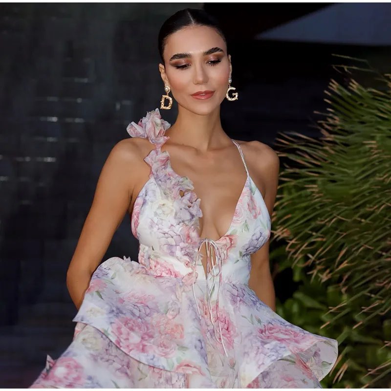 Sexy Flare Sleeve V Neck Printed Mini Dress Fashion Pleated A-line High Waist Gown New Lady Summer Evening Party Club Vestidos