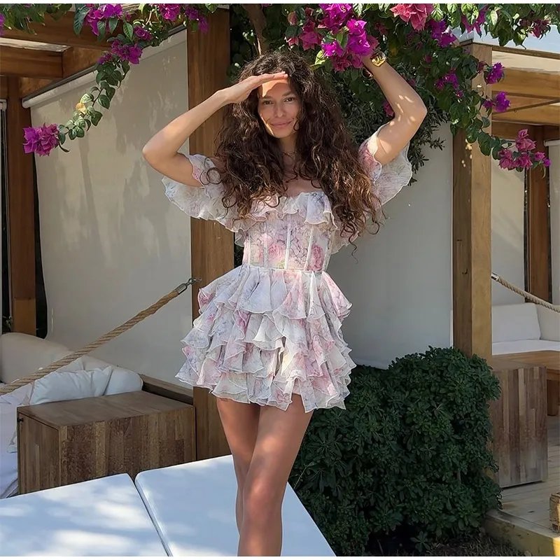 Sexy Flare Sleeve V Neck Printed Mini Dress Fashion Pleated A-line High Waist Gown New Lady Summer Evening Party Club Vestidos