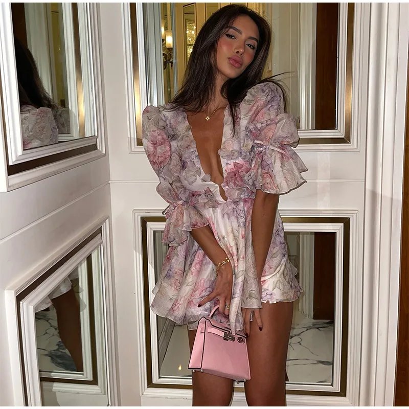 Sexy Flare Sleeve V Neck Printed Mini Dress Fashion Pleated A-line High Waist Gown New Lady Summer Evening Party Club Vestidos