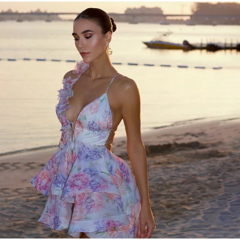 Sexy Flare Sleeve V Neck Printed Mini Dress Fashion Pleated A-line High Waist Gown New Lady Summer Evening Party Club Vestidos