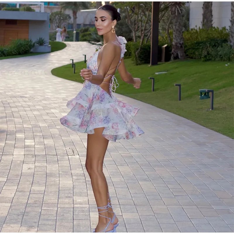 Sexy Flare Sleeve V Neck Printed Mini Dress Fashion Pleated A-line High Waist Gown New Lady Summer Evening Party Club Vestidos