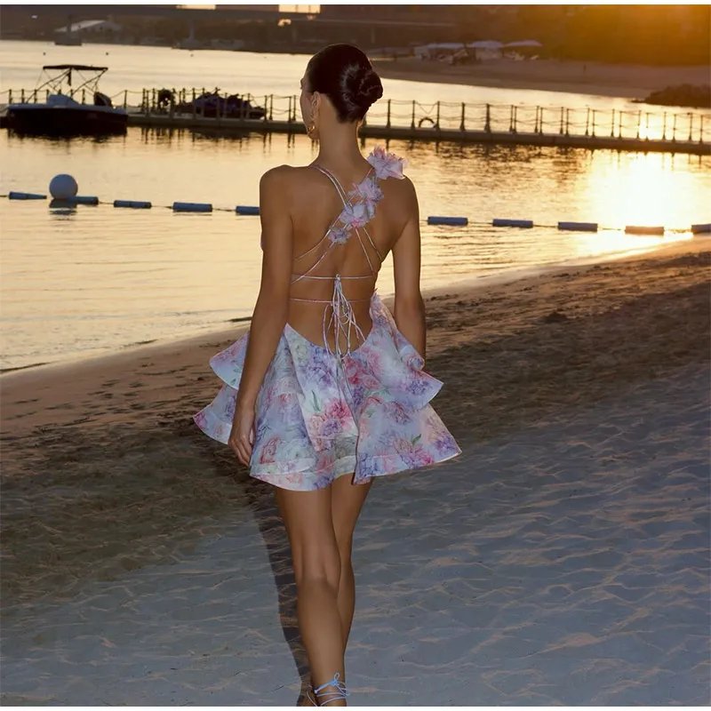Sexy Flare Sleeve V Neck Printed Mini Dress Fashion Pleated A-line High Waist Gown New Lady Summer Evening Party Club Vestidos