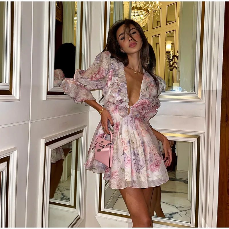 Sexy Flare Sleeve V Neck Printed Mini Dress Fashion Pleated A-line High Waist Gown New Lady Summer Evening Party Club Vestidos