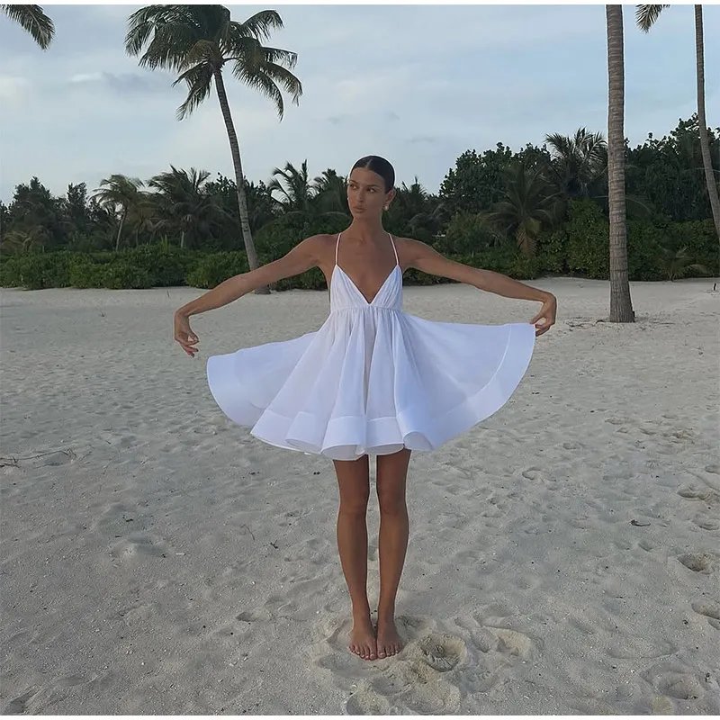 Sexy Flare Sleeve V Neck Printed Mini Dress Fashion Pleated A-line High Waist Gown New Lady Summer Evening Party Club Vestidos