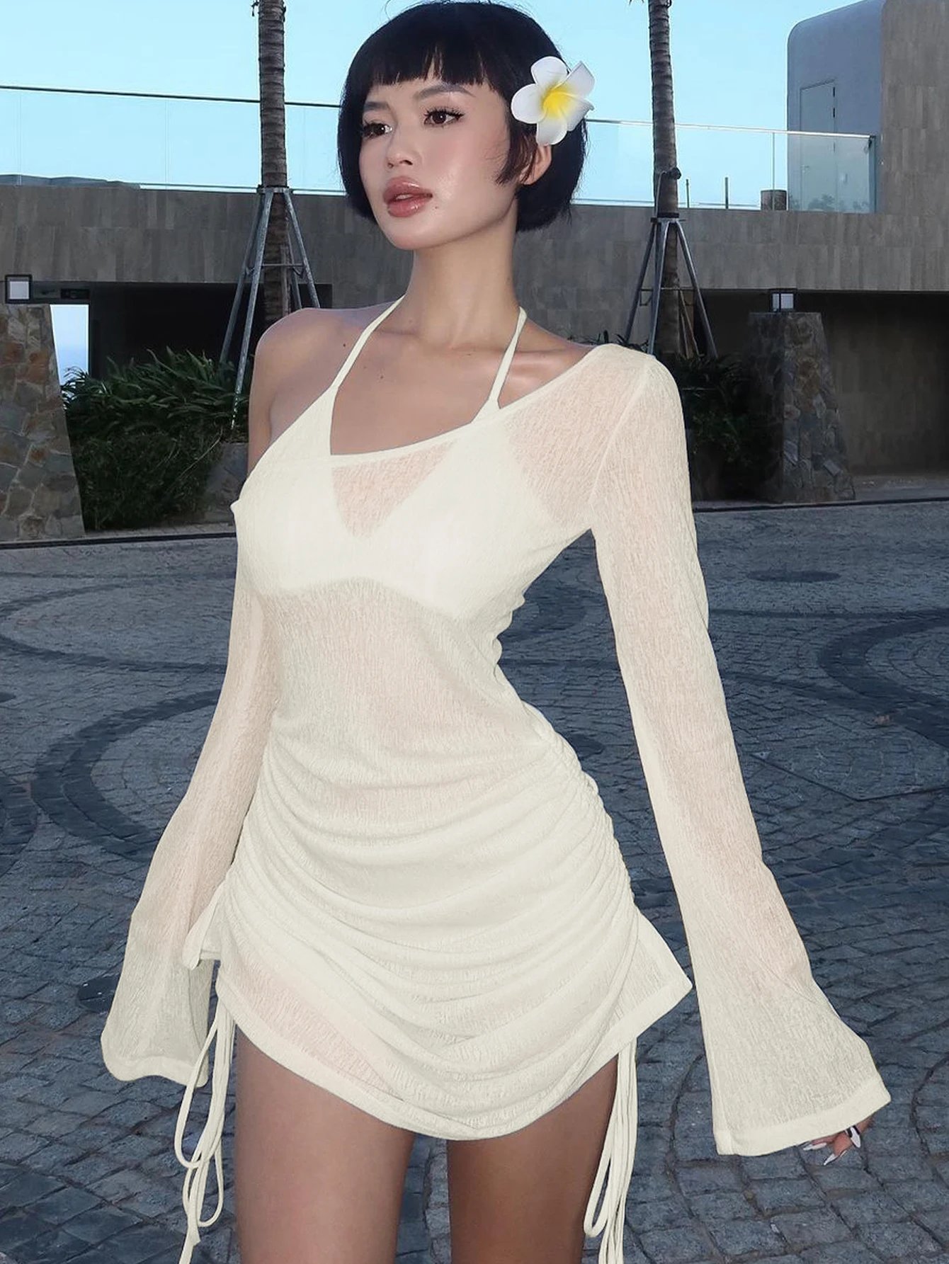 Dulzura Solid Skew Collar Ruched Straps Lace-Up See Through Draw String Mini Dress 2023 Summer Women Party Clubwear Wholesale