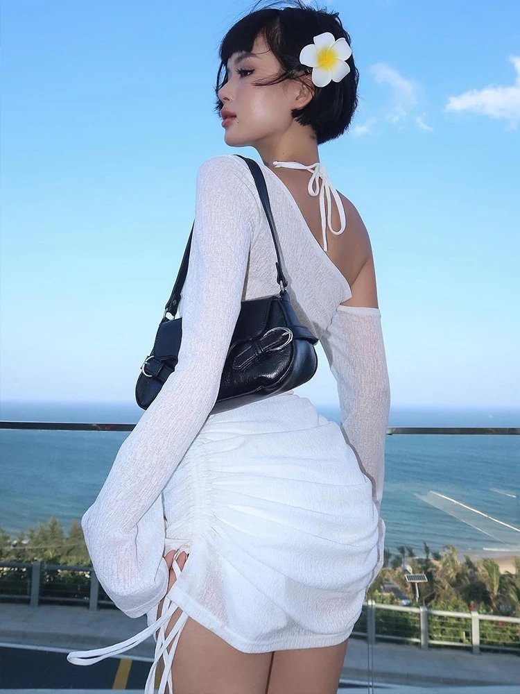 Dulzura Solid Skew Collar Ruched Straps Lace-Up See Through Draw String Mini Dress 2023 Summer Women Party Clubwear Wholesale
