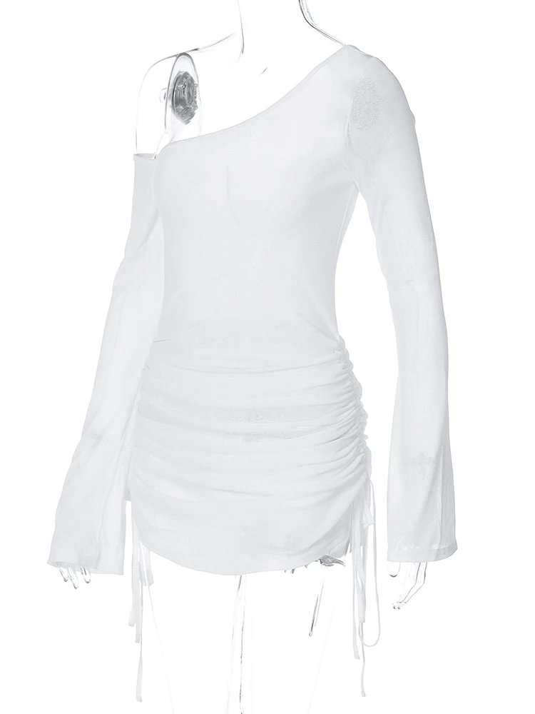 Dulzura Solid Skew Collar Ruched Straps Lace-Up See Through Draw String Mini Dress 2023 Summer Women Party Clubwear Wholesale