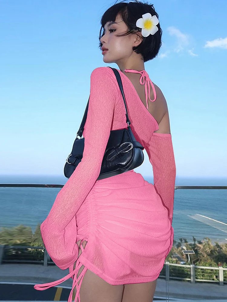 Dulzura Solid Skew Collar Ruched Straps Lace-Up See Through Draw String Mini Dress 2023 Summer Women Party Clubwear Wholesale
