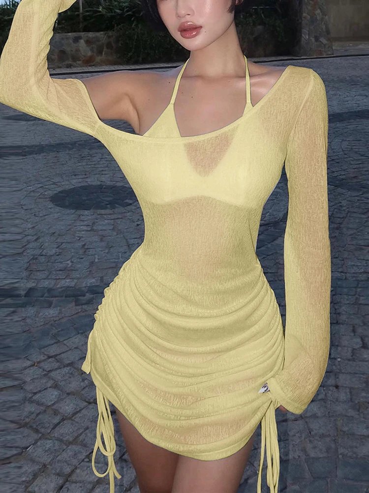Dulzura Solid Skew Collar Ruched Straps Lace-Up See Through Draw String Mini Dress 2023 Summer Women Party Clubwear Wholesale