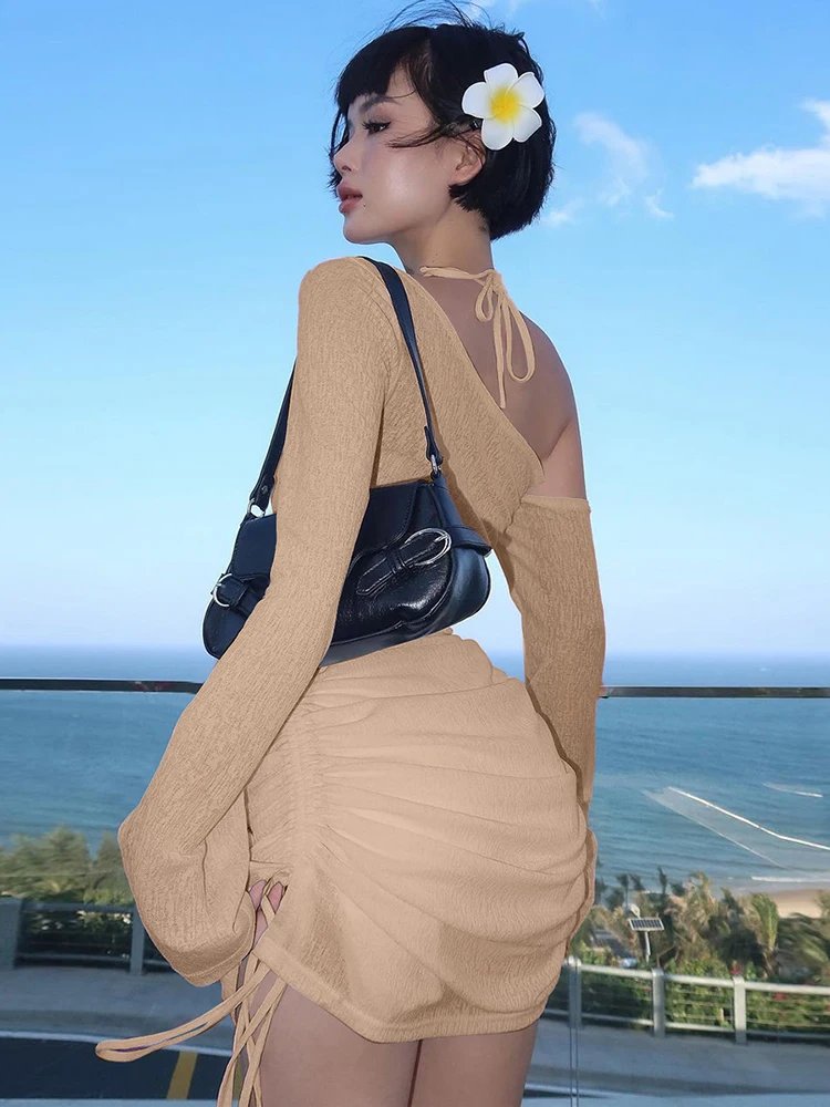Dulzura Solid Skew Collar Ruched Straps Lace-Up See Through Draw String Mini Dress 2023 Summer Women Party Clubwear Wholesale