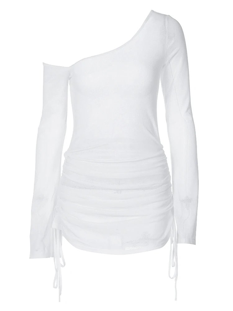 Dulzura Solid Skew Collar Ruched Straps Lace-Up See Through Draw String Mini Dress 2023 Summer Women Party Clubwear Wholesale