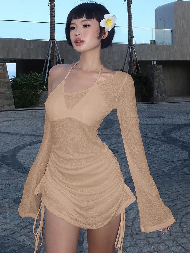 Dulzura Solid Skew Collar Ruched Straps Lace-Up See Through Draw String Mini Dress 2023 Summer Women Party Clubwear Wholesale