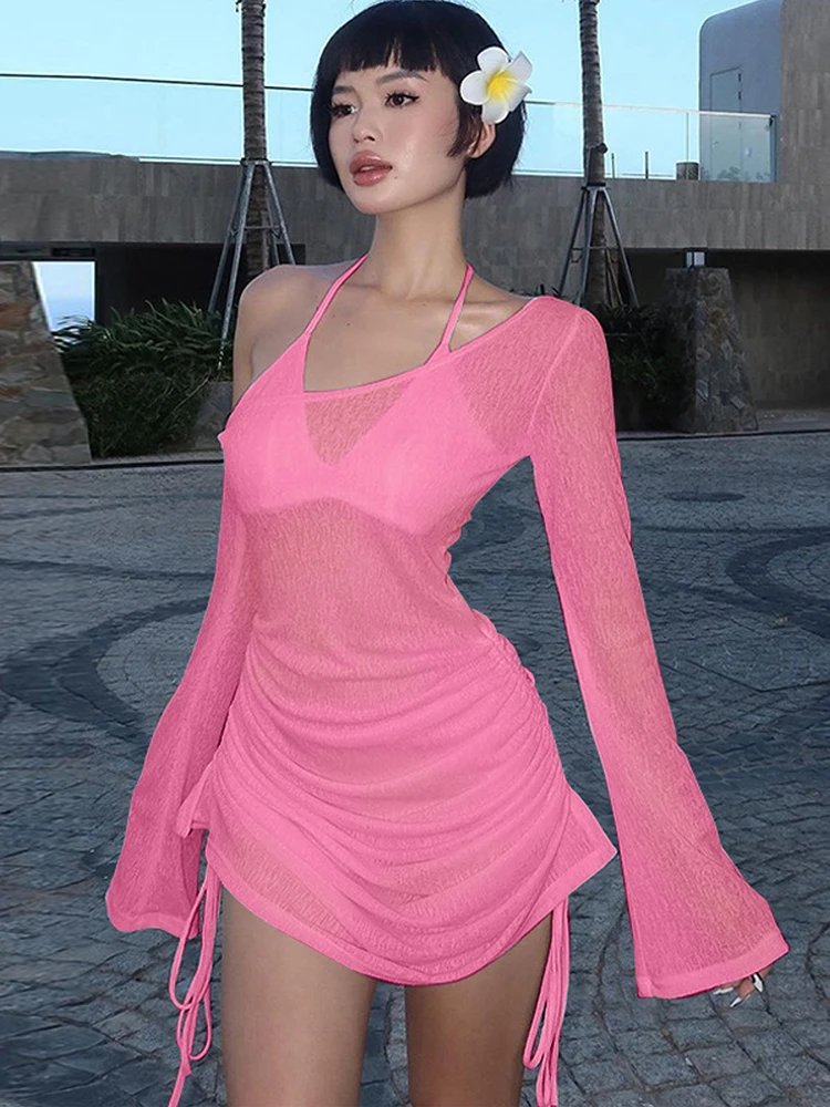 Dulzura Solid Skew Collar Ruched Straps Lace-Up See Through Draw String Mini Dress 2023 Summer Women Party Clubwear Wholesale