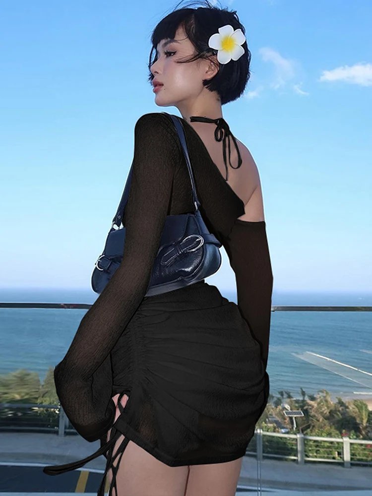 Dulzura Solid Skew Collar Ruched Straps Lace-Up See Through Draw String Mini Dress 2023 Summer Women Party Clubwear Wholesale