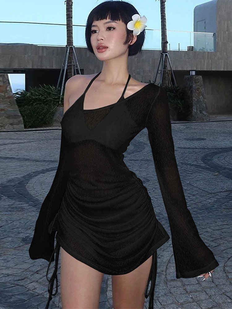 Dulzura Solid Skew Collar Ruched Straps Lace-Up See Through Draw String Mini Dress 2023 Summer Women Party Clubwear Wholesale