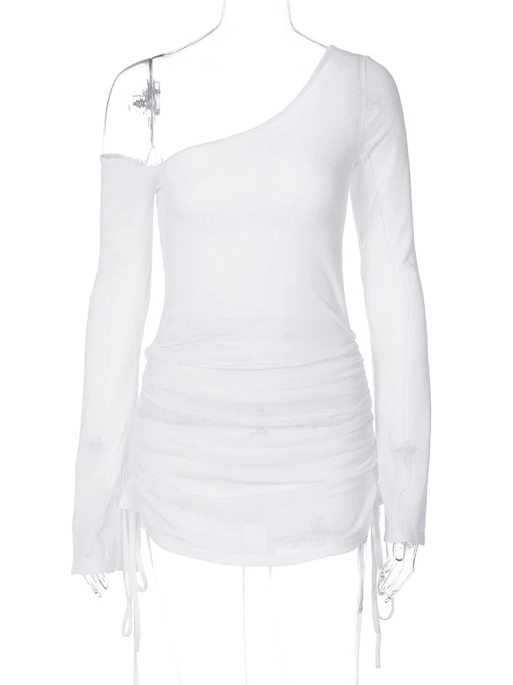 Dulzura Solid Skew Collar Ruched Straps Lace-Up See Through Draw String Mini Dress 2023 Summer Women Party Clubwear Wholesale