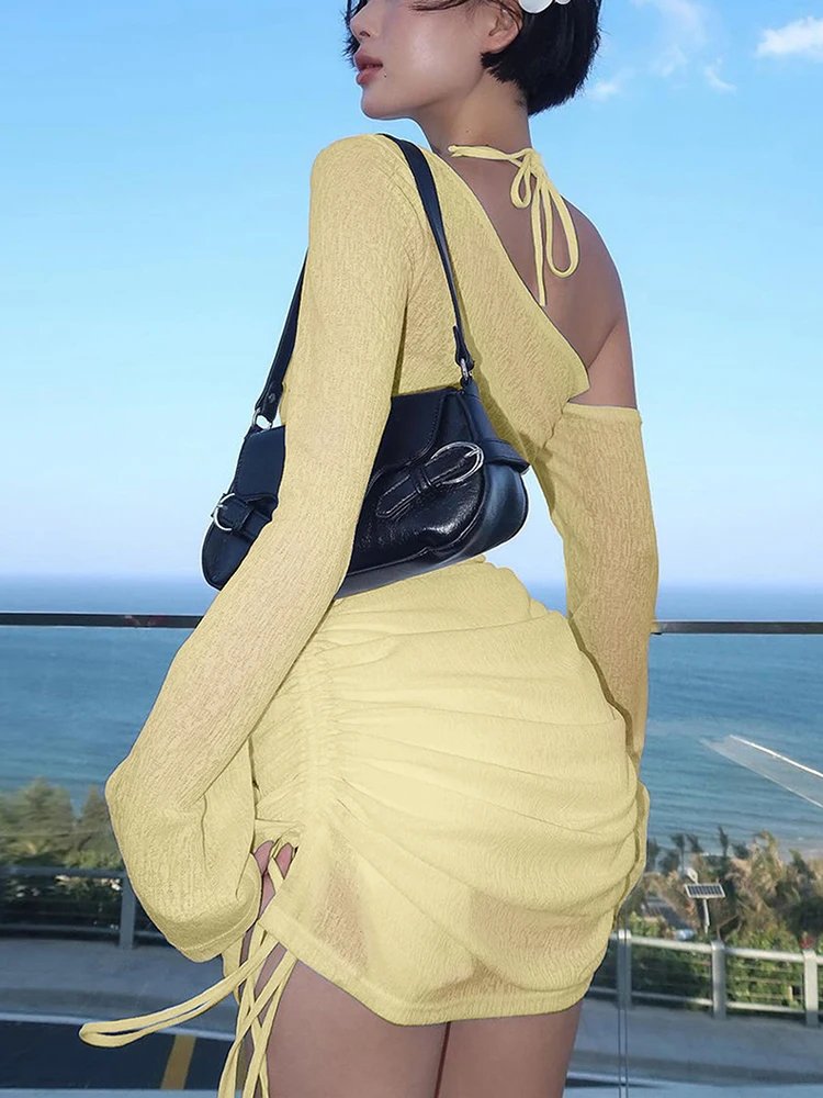 Dulzura Solid Skew Collar Ruched Straps Lace-Up See Through Draw String Mini Dress 2023 Summer Women Party Clubwear Wholesale