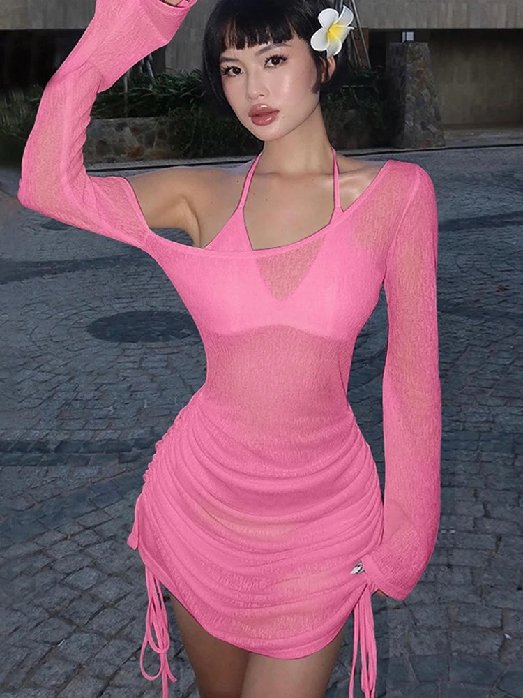 Dulzura Solid Skew Collar Ruched Straps Lace-Up See Through Draw String Mini Dress 2023 Summer Women Party Clubwear Wholesale