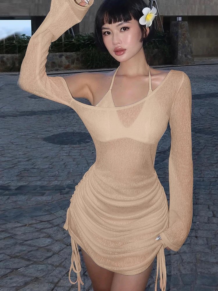 Dulzura Solid Skew Collar Ruched Straps Lace-Up See Through Draw String Mini Dress 2023 Summer Women Party Clubwear Wholesale