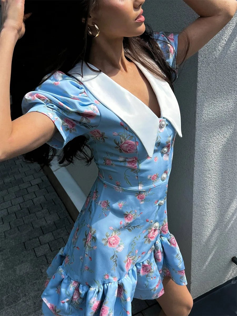 Tornova Print Puff Sleeves Ruffled Dress Women's V-Neck High Waist Pearl Buttons Mini Dress Female Casual Vacation Fashion Dress