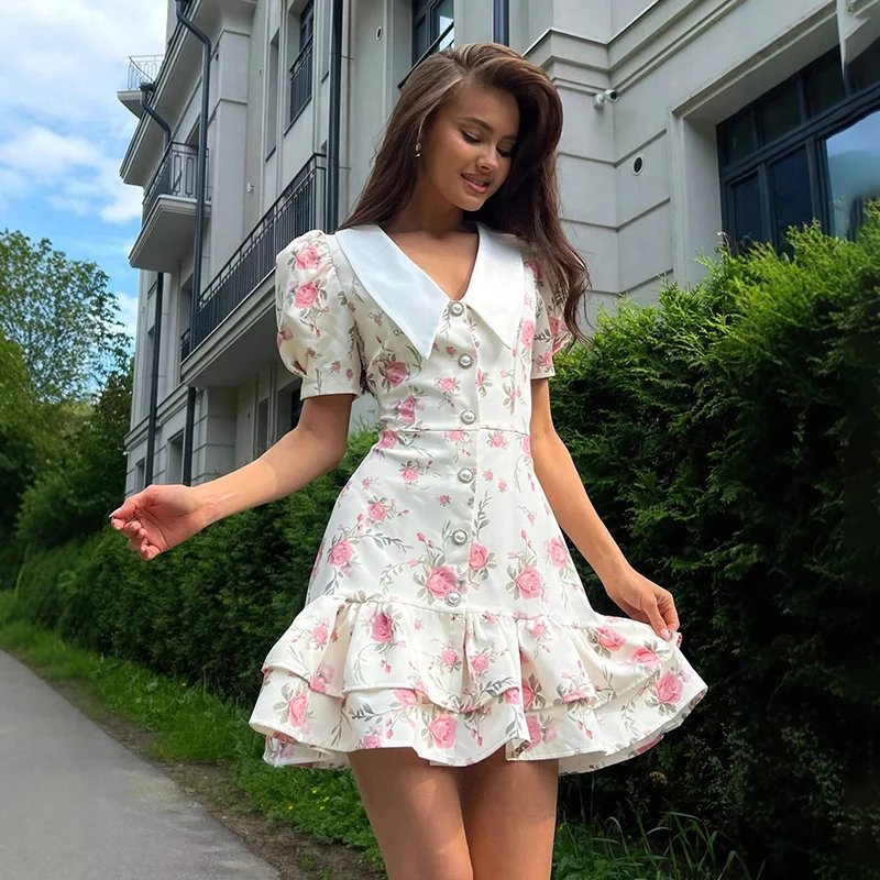 Tornova Print Puff Sleeves Ruffled Dress