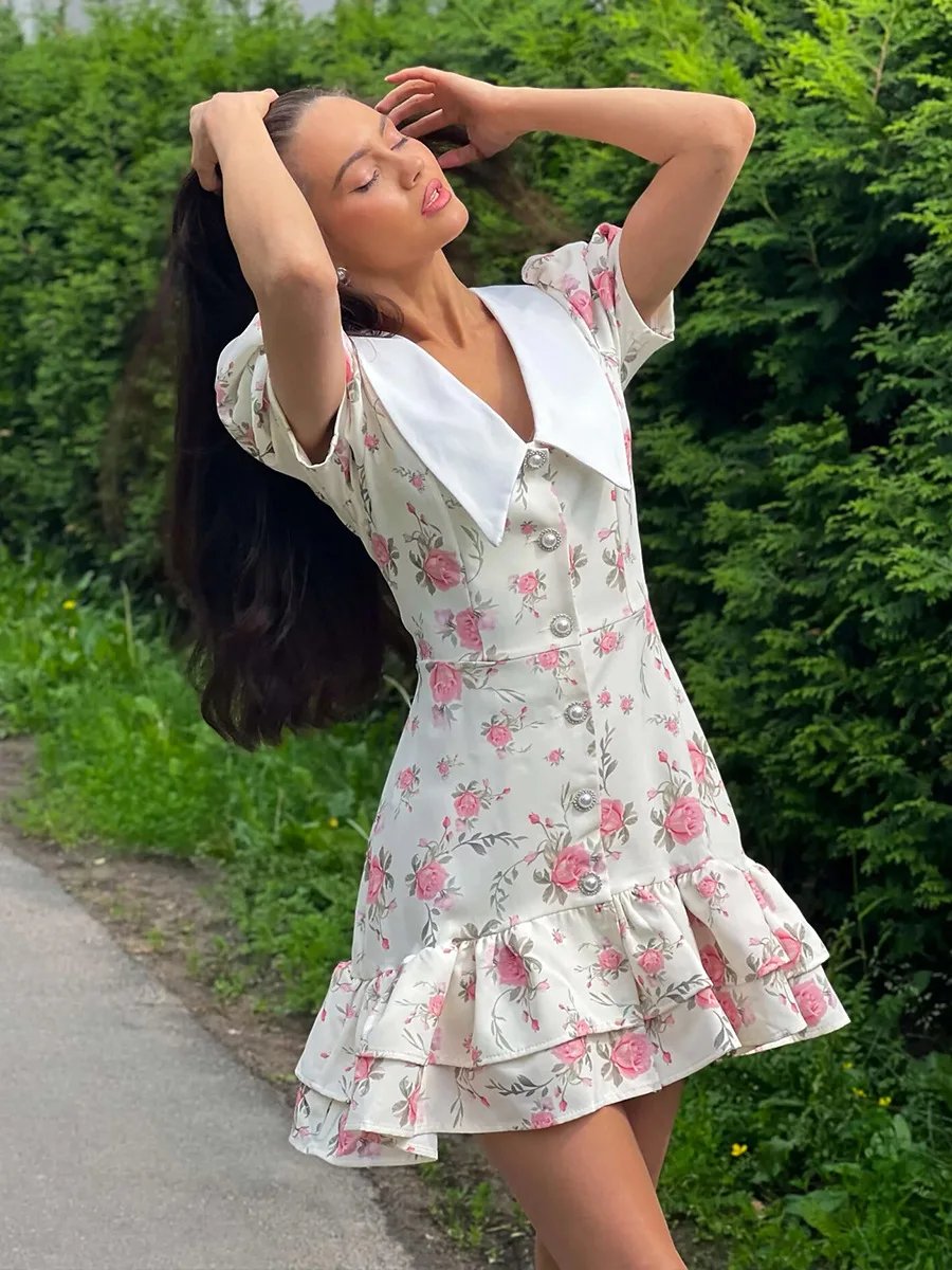 Tornova Print Puff Sleeves Ruffled Dress Women's V-Neck High Waist Pearl Buttons Mini Dress Female Casual Vacation Fashion Dress