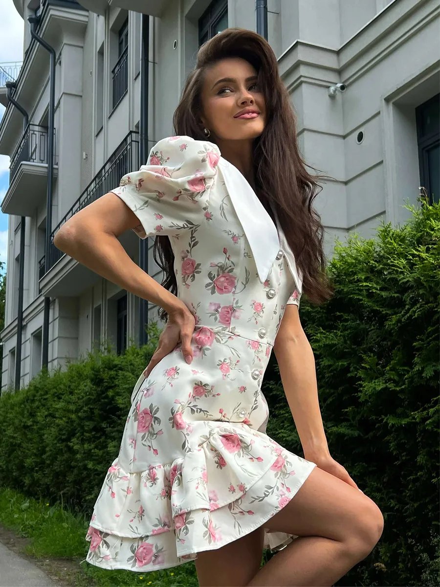 Tornova Print Puff Sleeves Ruffled Dress Women's V-Neck High Waist Pearl Buttons Mini Dress Female Casual Vacation Fashion Dress