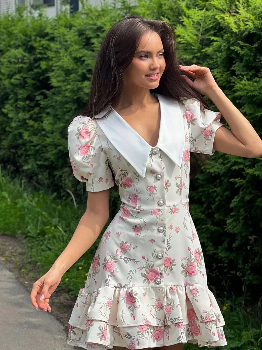 Tornova Print Puff Sleeves Ruffled Dress Women's V-Neck High Waist Pearl Buttons Mini Dress Female Casual Vacation Fashion Dress