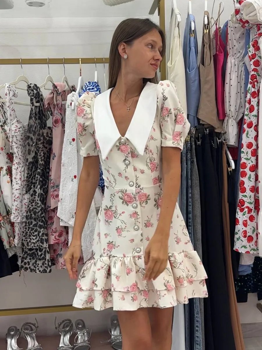 Tornova Print Puff Sleeves Ruffled Dress Women's V-Neck High Waist Pearl Buttons Mini Dress Female Casual Vacation Fashion Dress