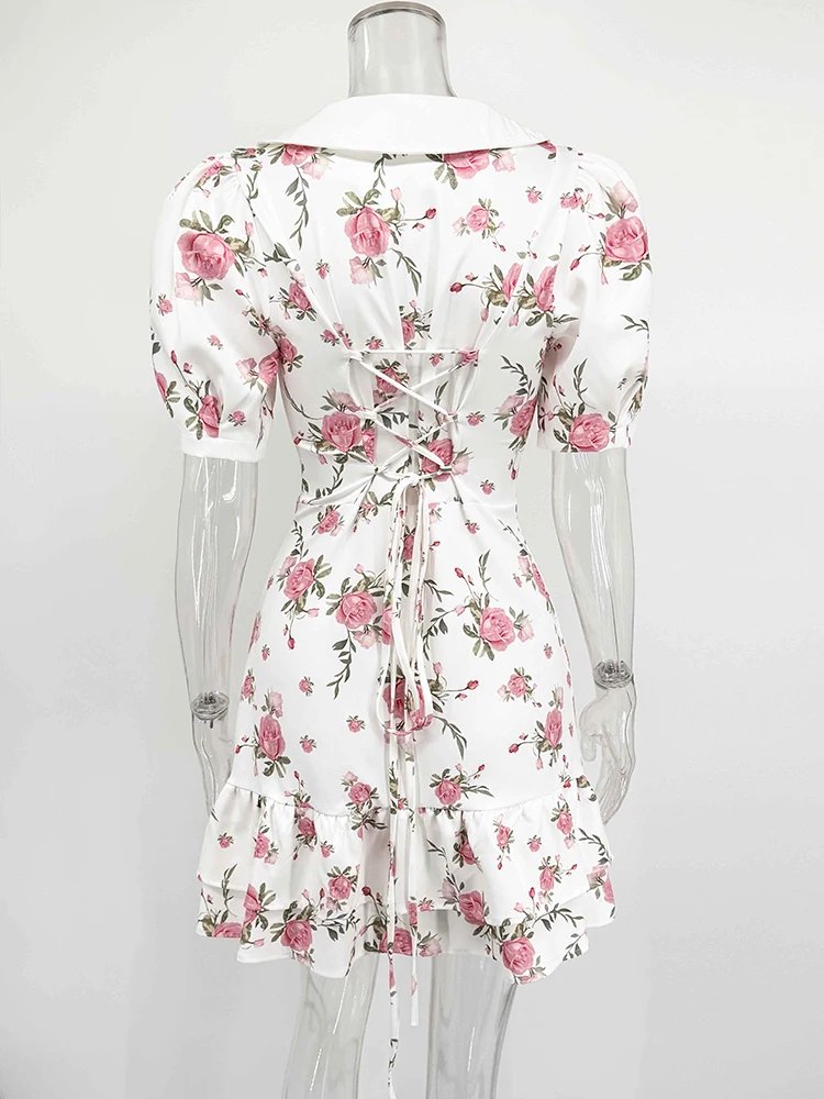 Tornova Print Puff Sleeves Ruffled Dress Women's V-Neck High Waist Pearl Buttons Mini Dress Female Casual Vacation Fashion Dress