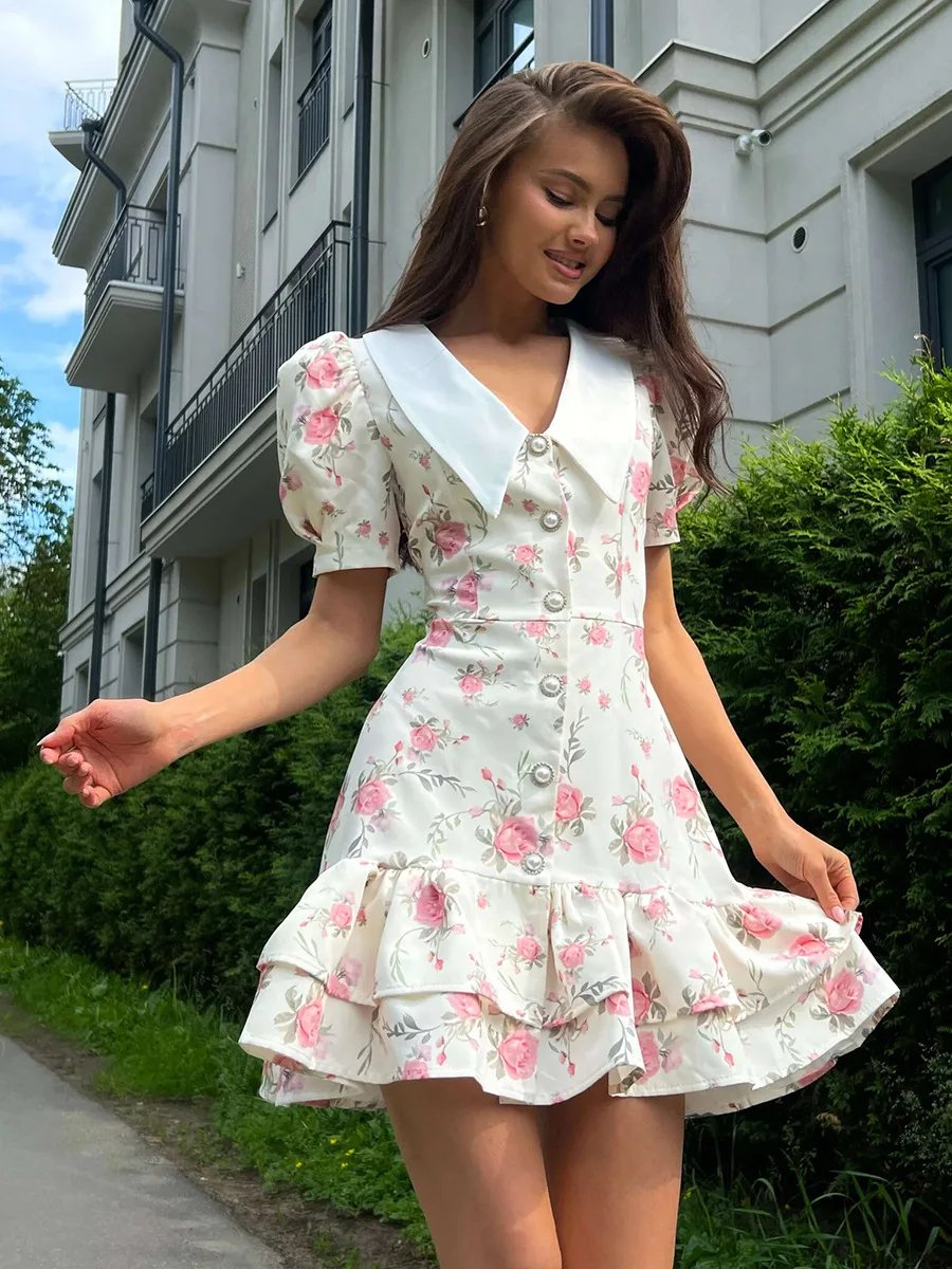 Tornova Print Puff Sleeves Ruffled Dress Women's V-Neck High Waist Pearl Buttons Mini Dress Female Casual Vacation Fashion Dress
