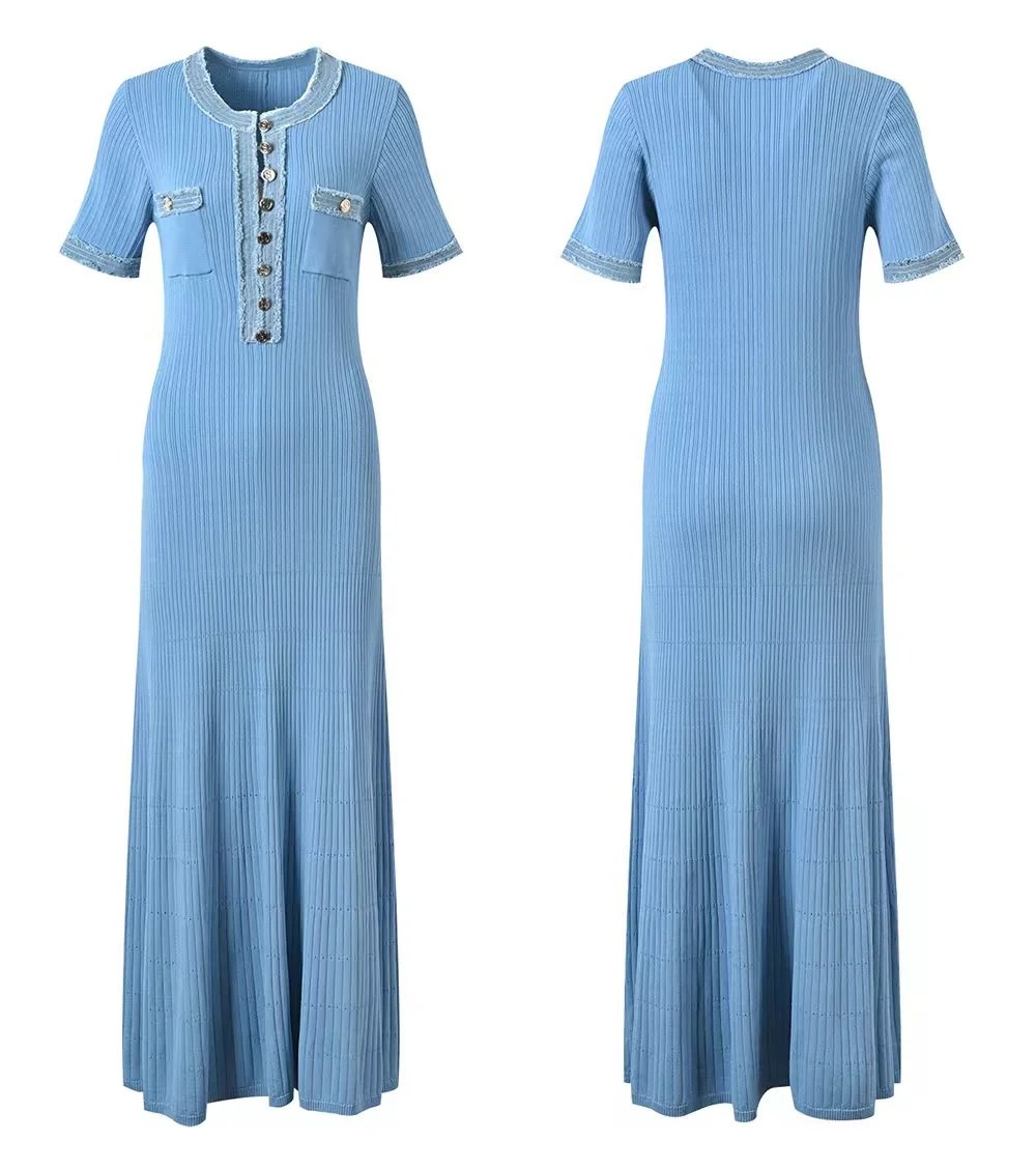 Elegant Contrasting Women Knit Maxi Dress Chic O-neck Short Sleeve Metal Buttons Bodycon Dresses Office Lady Commuting Robe