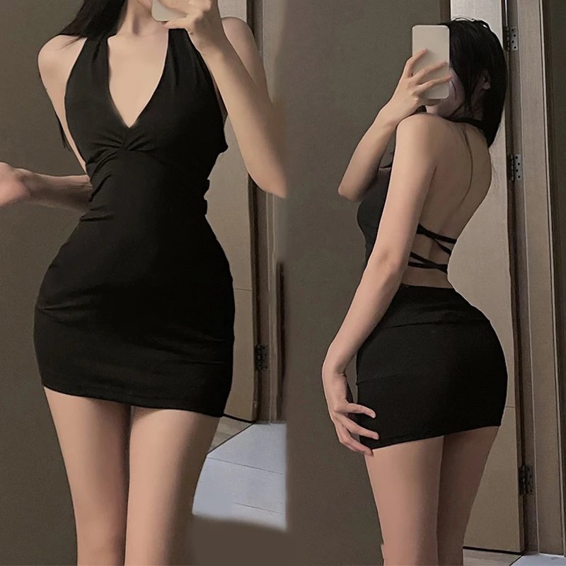 1Pc  Women's V Neck Slim Backless Mini Dresses