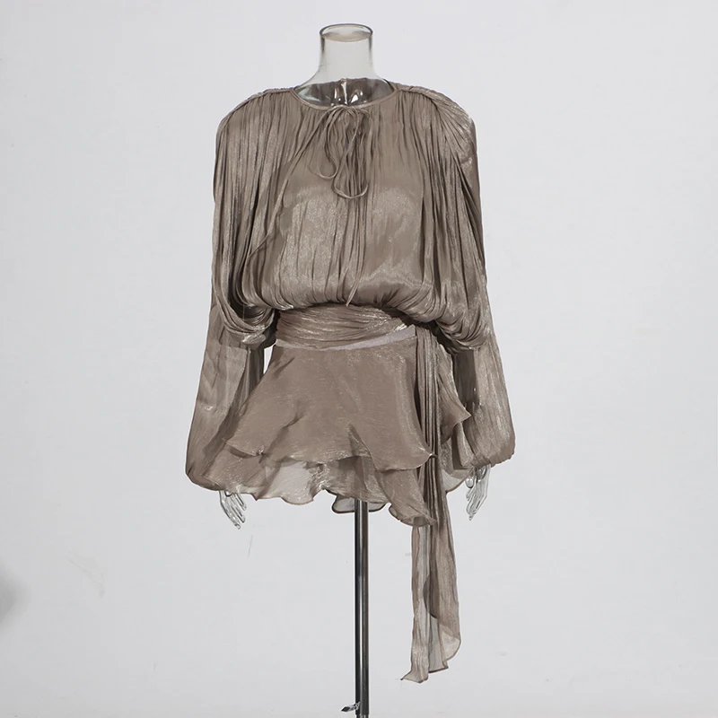 VGH Chic Spliced Lace Up Loose Sexy Short Dresses For Women Round Neck Long Sleeve Minimalist Ruffles Folds Dress Female Fashion