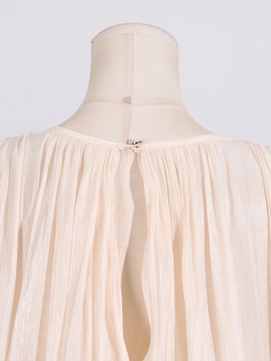 VGH Chic Spliced Lace Up Loose Sexy Short Dresses For Women Round Neck Long Sleeve Minimalist Ruffles Folds Dress Female Fashion