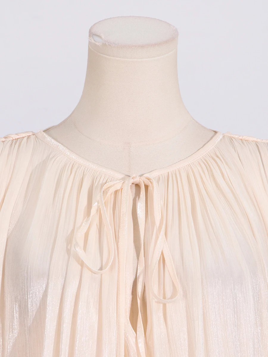 VGH Chic Spliced Lace Up Loose Sexy Short Dresses For Women Round Neck Long Sleeve Minimalist Ruffles Folds Dress Female Fashion