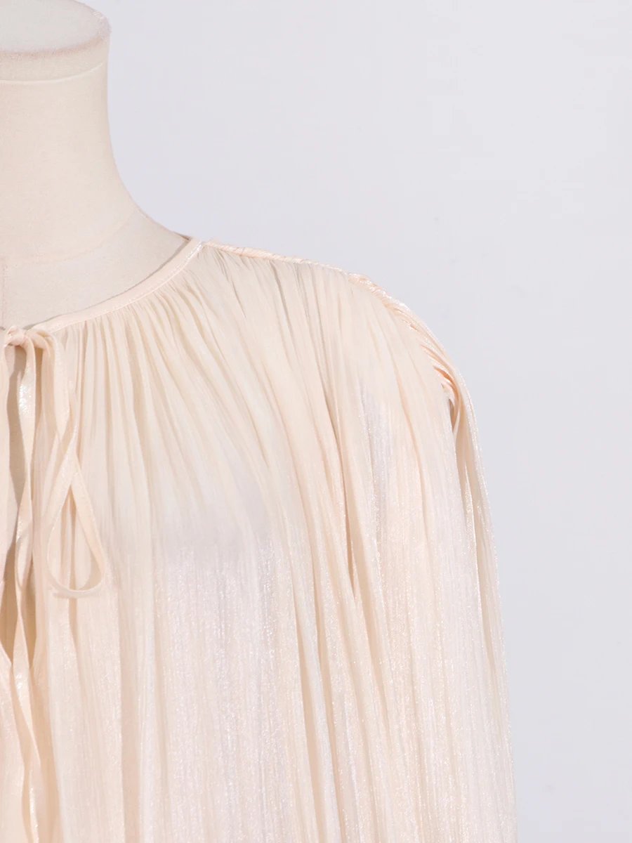 VGH Chic Spliced Lace Up Loose Sexy Short Dresses For Women Round Neck Long Sleeve Minimalist Ruffles Folds Dress Female Fashion