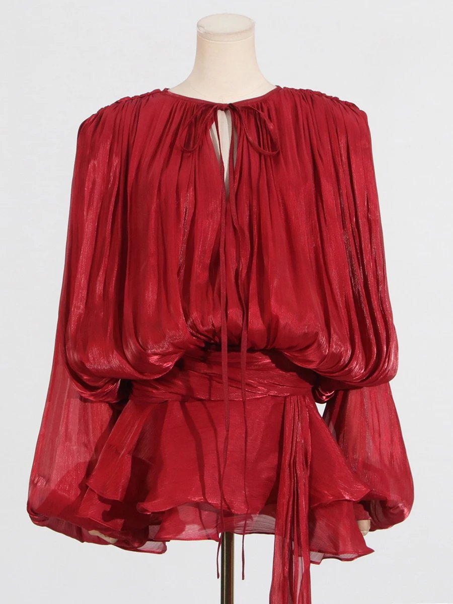VGH Chic Spliced Lace Up Loose Sexy Short Dresses For Women Round Neck Long Sleeve Minimalist Ruffles Folds Dress Female Fashion