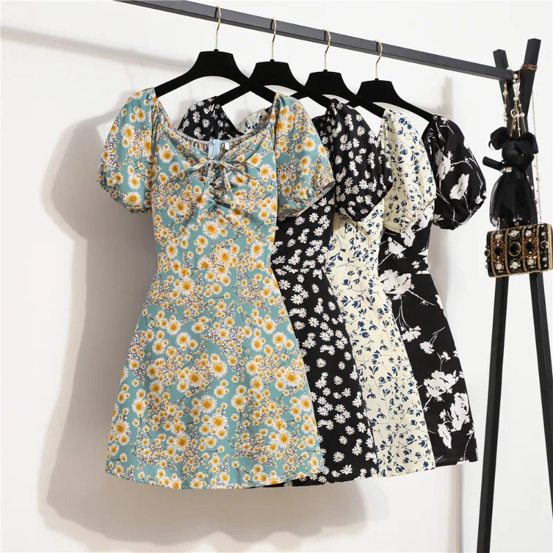 Women's Floral Puffy Mini Sleeve Dress