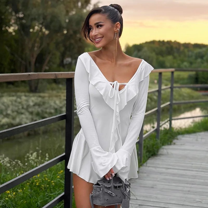 Ruffled Lace-Up White Mini Dress Women's V-Neck Patchwork Long Sleeve Sexy Slim Dress Bandage Elegant Female Summer Dress