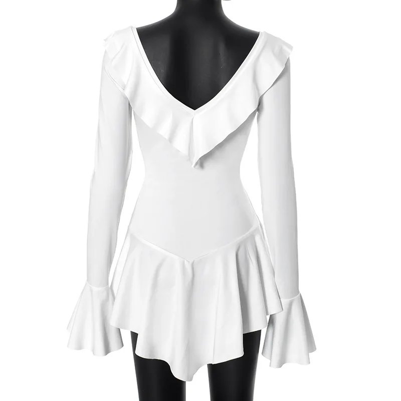 Ruffled Lace-Up White Mini Dress Women's V-Neck Patchwork Long Sleeve Sexy Slim Dress Bandage Elegant Female Summer Dress