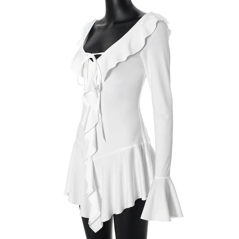Ruffled Lace-Up White Mini Dress Women's V-Neck Patchwork Long Sleeve Sexy Slim Dress Bandage Elegant Female Summer Dress