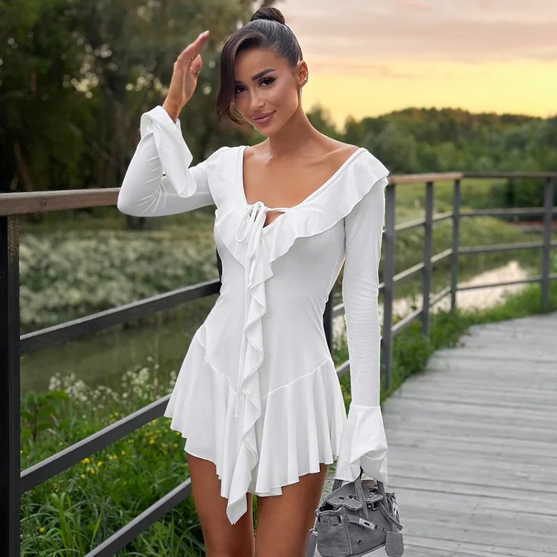 Ruffled Lace-Up White Mini Dress Women's V-Neck Patchwork Long Sleeve Sexy Slim Dress Bandage Elegant Female Summer Dress