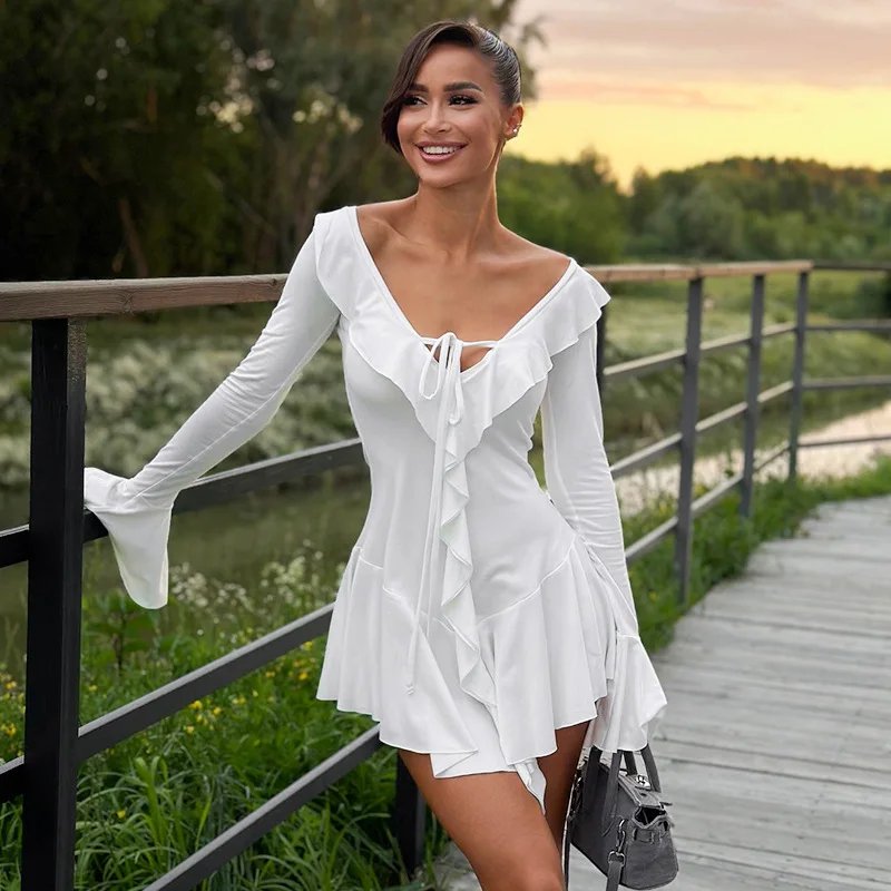 Ruffled Lace-Up White Mini Dress Women's V-Neck Patchwork Long Sleeve Sexy Slim Dress Bandage Elegant Female Summer Dress