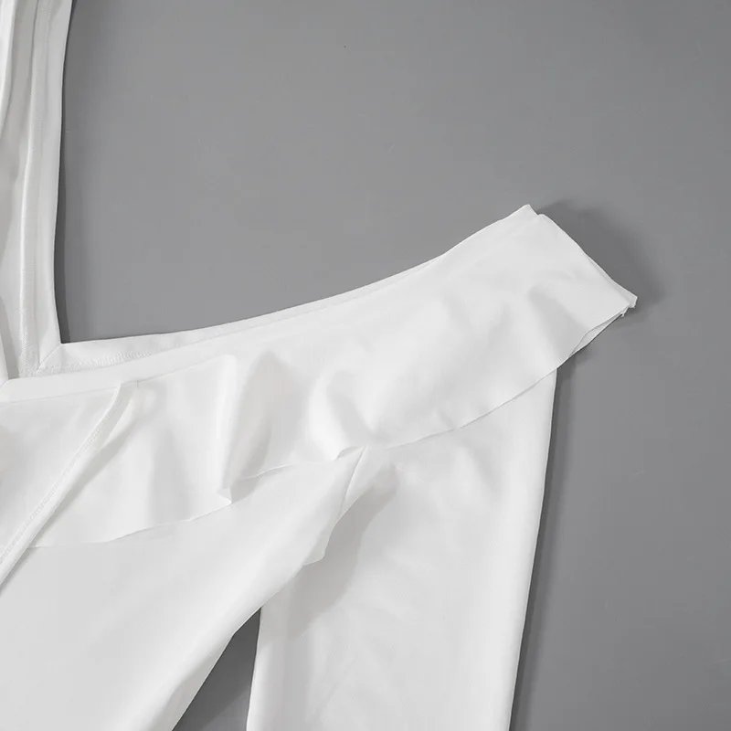 Ruffled Lace-Up White Mini Dress Women's V-Neck Patchwork Long Sleeve Sexy Slim Dress Bandage Elegant Female Summer Dress