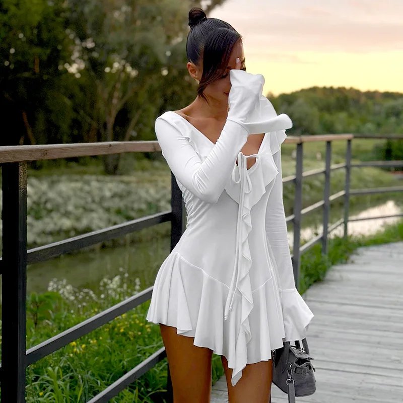Ruffled Lace-Up White Mini Dress Women's V-Neck Patchwork Long Sleeve Sexy Slim Dress Bandage Elegant Female Summer Dress