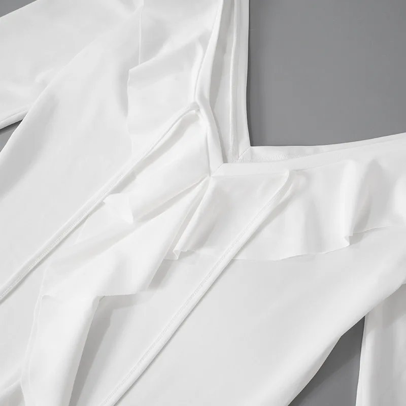 Ruffled Lace-Up White Mini Dress Women's V-Neck Patchwork Long Sleeve Sexy Slim Dress Bandage Elegant Female Summer Dress